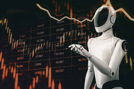 Cyborg robot in front of digital stock market chart with red downward arrows on dark background, concept of financial crisis and automation. 3D Renderingの写真素材
