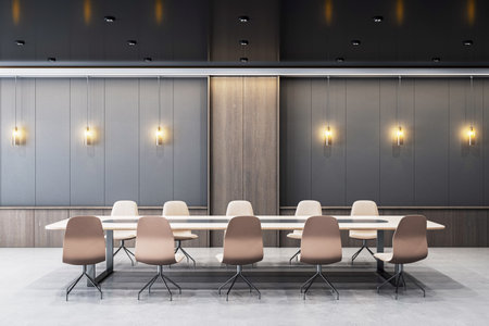 Modern conference room with beige chairs, hanging lights, dark wall panels and concrete floor, elegant minimalist design, 3D Renderingの写真素材