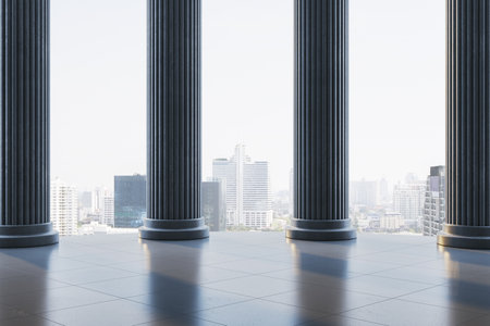 Tall marble columns with grooved texture stand in foreground, modern city skyline visible in bright daylight background, concept of progress. 3D Renderingの写真素材