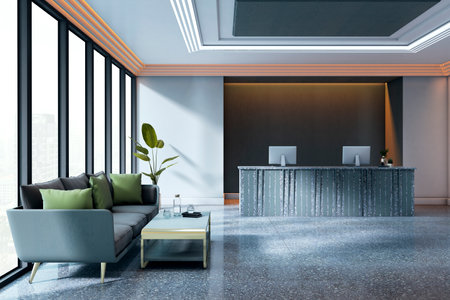 Contemporary office reception with desk, sofa, and city view through tall windows, modern interior...
