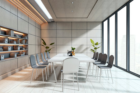 Contemporary office meeting room with sleek chairs, plants, and soft lighting in a modern corporate...