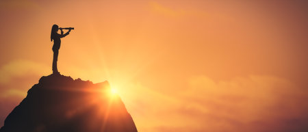 Silhouette of businesswoman with telescope on mountain peak, warm light background, symbolizing...