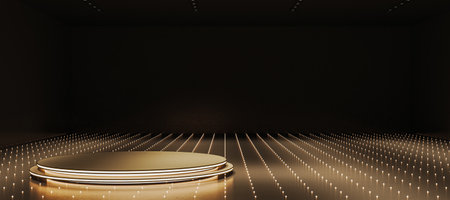 Round illuminated podium stage with glowing edge lights in dark futuristic room, reflective floor and light dots, concept of display or branding. 3D Renderingの写真素材
