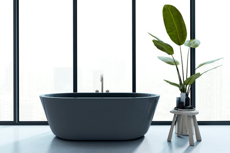 Elegant black bathtub in contemporary bathroom interior, minimalistic style, large glass windows background, concept of luxury relaxation, 3D Renderingの写真素材