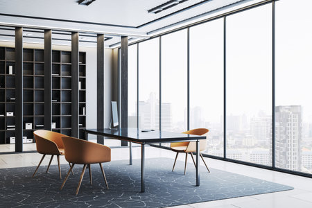 Contemporary office room with modern furniture, floor-to-ceiling windows, city background, clean bright workspace concept. 3D Renderingの写真素材