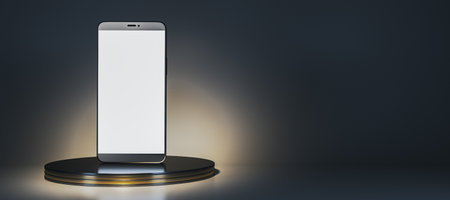 Blank smartphone mockup standing on round stage pedestal, clean minimal design with spotlight on dark background. 3D Renderingの写真素材