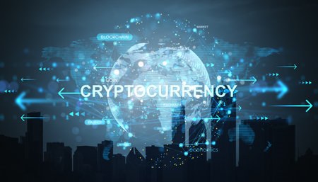 Glowing cryptocurrency network globe with tech keywords on dark city background, abstract light theme representing digital finance and blockchainの写真素材