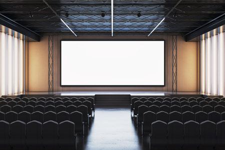 Empty contemporary conference hall with blank digital screen, clean stage, and black chairs, modern indoor background for business presentation. 3D Renderingの写真素材