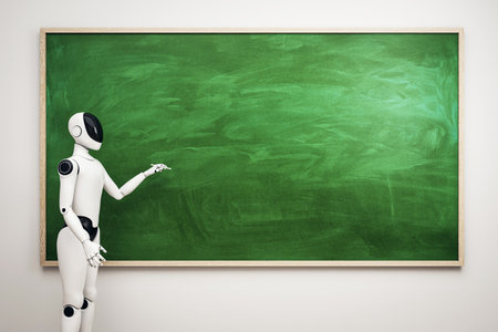 Humanoid robot standing beside empty green chalkboard in classroom with clean design, representing futuristic education and learning concept. 3D Renderingの写真素材