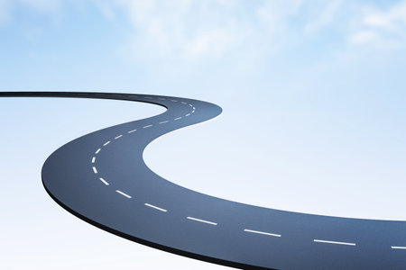 Curved asphalt road with dashed lines on light blue sky background, concept of direction, empty path, futuristic design. 3D Renderingの写真素材
