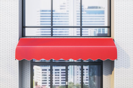 Red awning over glass doors on contemporary white brick building facade with city reflection, perfect for retail branding or signage presentation, 3D Renderingの写真素材