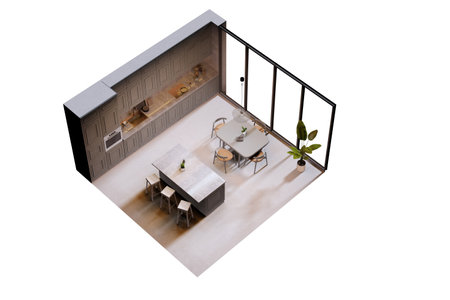 Contemporary kitchen and dining room interior with wooden furniture, large windows, plant decor on white background. Concept of modern living. 3D Renderingの写真素材