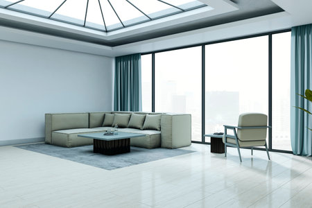 Contemporary living room interior with skylight ceiling, large windows, and stylish furniture on wooden flooring. Concept of modern space. 3D Renderingの写真素材