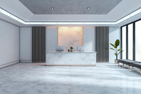 Elegant office reception with marble desk, abstract light panel, and modern decor on a clean bright background. Concept of corporate interior. 3D Renderingの写真素材