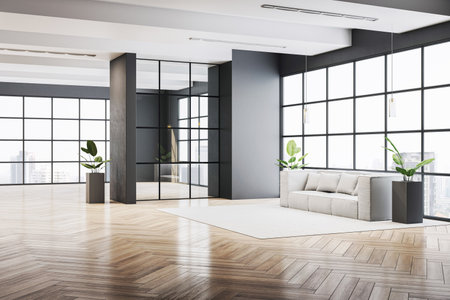 Modern waiting area with sofa and potted plants, contemporary graphic style, in a bright office room with large windows and wood flooring. 3D Renderingの写真素材