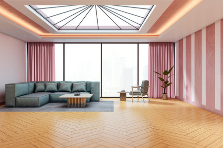Modern living room interior with skylight, pink curtains, stylish furniture, wooden floor, and cityscape background. 3D Renderingの写真素材