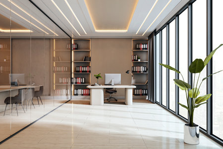 Modern executive office with clean desk, minimalist decor, large windows, and glass walls, on bright interior background. Concept of workspace. 3D Renderingの写真素材