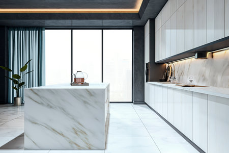 Contemporary kitchen interior with marble island and sleek cabinetry in modern architectural style, set against a cityscape window background. 3D Renderingの写真素材