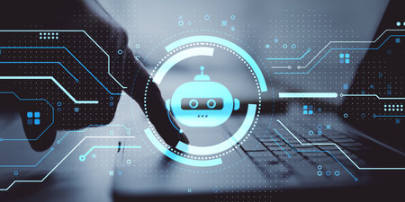Person using laptop with chatbot robot icon and digital interface overlay, futuristic style on...