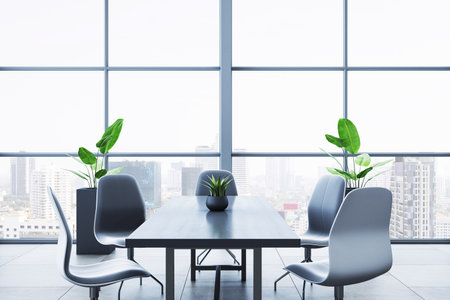 Contemporary office meeting room with sleek furniture, light-filled interior, large windows, cityscape view, and clean design. 3D Renderingの写真素材