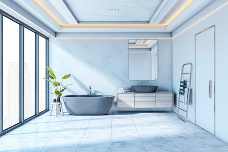Contemporary bathroom with freestanding tub, marble floor, and sleek decor in a bright city apartment. 3D Renderingの写真素材