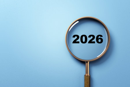 Magnifying glass showing 2026 in bold black text, isolated on light blue gradient background, symbol...