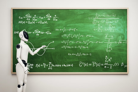 Humanoid robot pointing at math equations on green chalkboard in classroom, with futuristic design, white background. Concept of education and AI. 3D Rendering.の写真素材