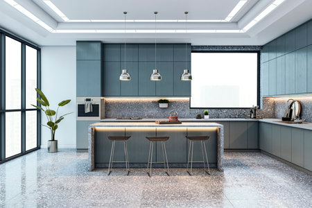 Stylish kitchen interior with sleek cabinets, pendant lights, terrazzo surfaces, and large windows...