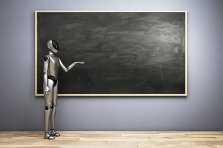 Humanoid robot standing beside empty blackboard in minimal room with wooden floor, clean background, concept of futuristic education. 3D Renderingの写真素材