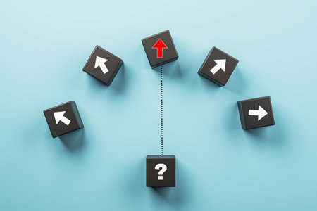 Black cubes with white arrows and red arrow above a cube with question mark on light blue...
