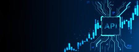Glowing API icon with digital circuits and rising bar chart, futuristic abstract light style on a...