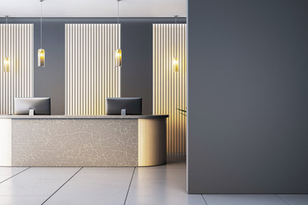 Reception area with empty dark wall, modern desk, pendant lights, vertical panels, clean interior design and copyspace for logo or poster. 3D Renderingの写真素材