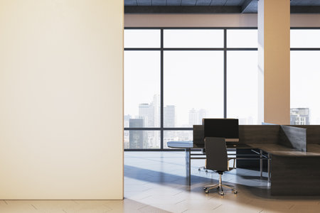 Empty wall in bright office room with modern furniture and city view background, clean corporate space for branding, poster, or logo mockup. 3D Renderingの写真素材