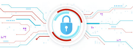 Blue padlock icon in circular digital interface with red and blue circuit lines on white background, concept of cybersecurity and data protection. 3D Renderingの写真素材