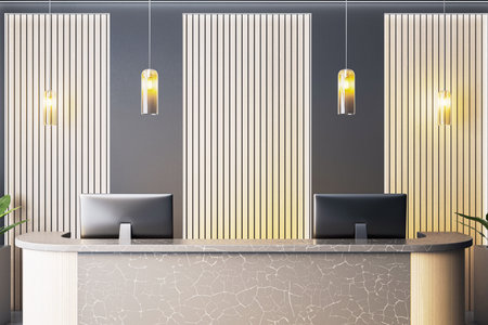 Stylish reception desk with two PCs, pendant lights, and vertical wood panel wall in a luxury office or hotel interior. 3D Renderingの写真素材