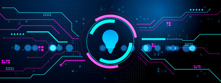 Glowing lightbulb icon in center of high-tech circuit board design with neon blue and pink lines on dark background. Concept of creative technology. 3D Renderingの写真素材