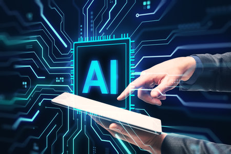 Person using tablet with AI chip symbol and glowing circuit lines on dark background, illustrating artificial intelligence and tech conceptの写真素材