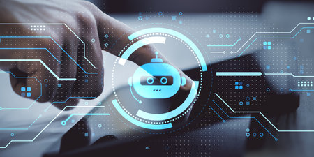 Person using tablet with chatbot icon overlay, futuristic digital interface style, dark background, concept of AI chatbot and online automationの写真素材