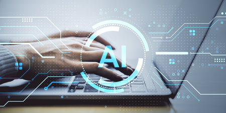 Human hands typing on laptop keyboard with glowing AI interface overlay, futuristic digital...