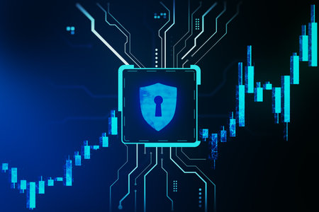 Glowing digital shield with circuit lines and candlestick chart on dark background, illustrating cybersecurity and financial data protection concept. 3D Renderingの写真素材