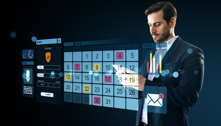 Professional man interacting with virtual digital calendar, graphs, and payment screen in modern interface on dark background, tech conceptの写真素材