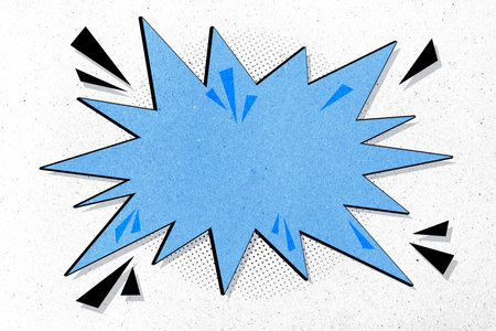 Blue comic-style speech bubble with sharp edges on light textured background, clean layout for message template or modern branding. 3D Renderingの写真素材