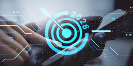 Person operating a mobile device with futuristic digital 2026 target interface, light background,...