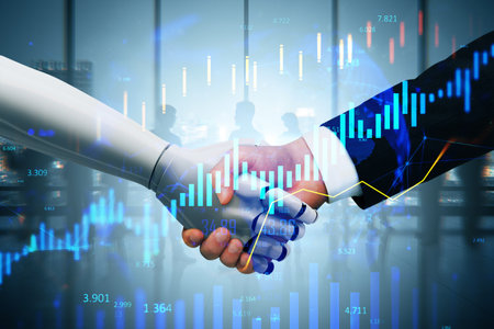 Human and robot handshake with financial data overlay, futuristic digital style on light office background, concept of business automation and tradeの写真素材