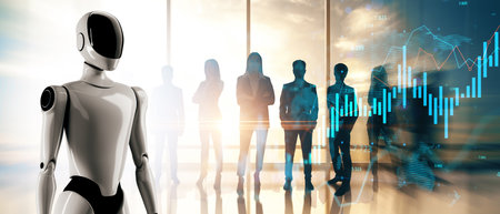 Humanoid robot with businesspeople in background, futuristic style on bright office background, concept of digital economy and teamworkの写真素材