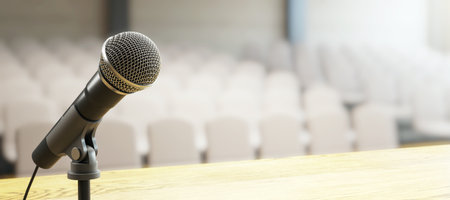 Microphone closeup on podium in modern conference room with blurred background of empty seats and soft light. Concept of public speaking. 3D Rendering.の写真素材