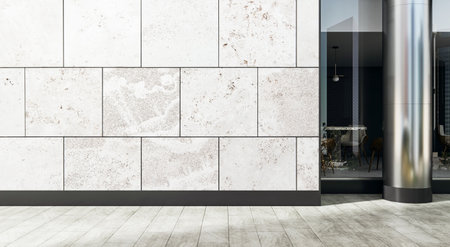 Empty stone tile wall and glass window on modern business building exterior, clean blank store facade with copyspace for poster or logo. 3D Renderingの写真素材