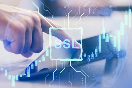Finger touching tablet screen with SSL icon overlay, circuit graphics and candlestick chart on light background. Concept of secure financial data accessの写真素材