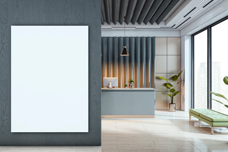 Contemporary office reception with blank vertical poster on wooden wall, modern desk and seating, large windows and plants. 3D Renderingの写真素材