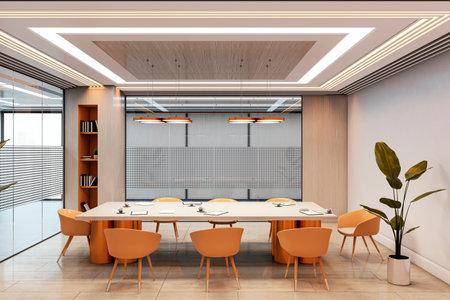 Modern empty boardroom with sleek table and chairs, stylish lighting, and glass walls in a corporate office interior. Concept of workspace. 3D Renderingの写真素材
